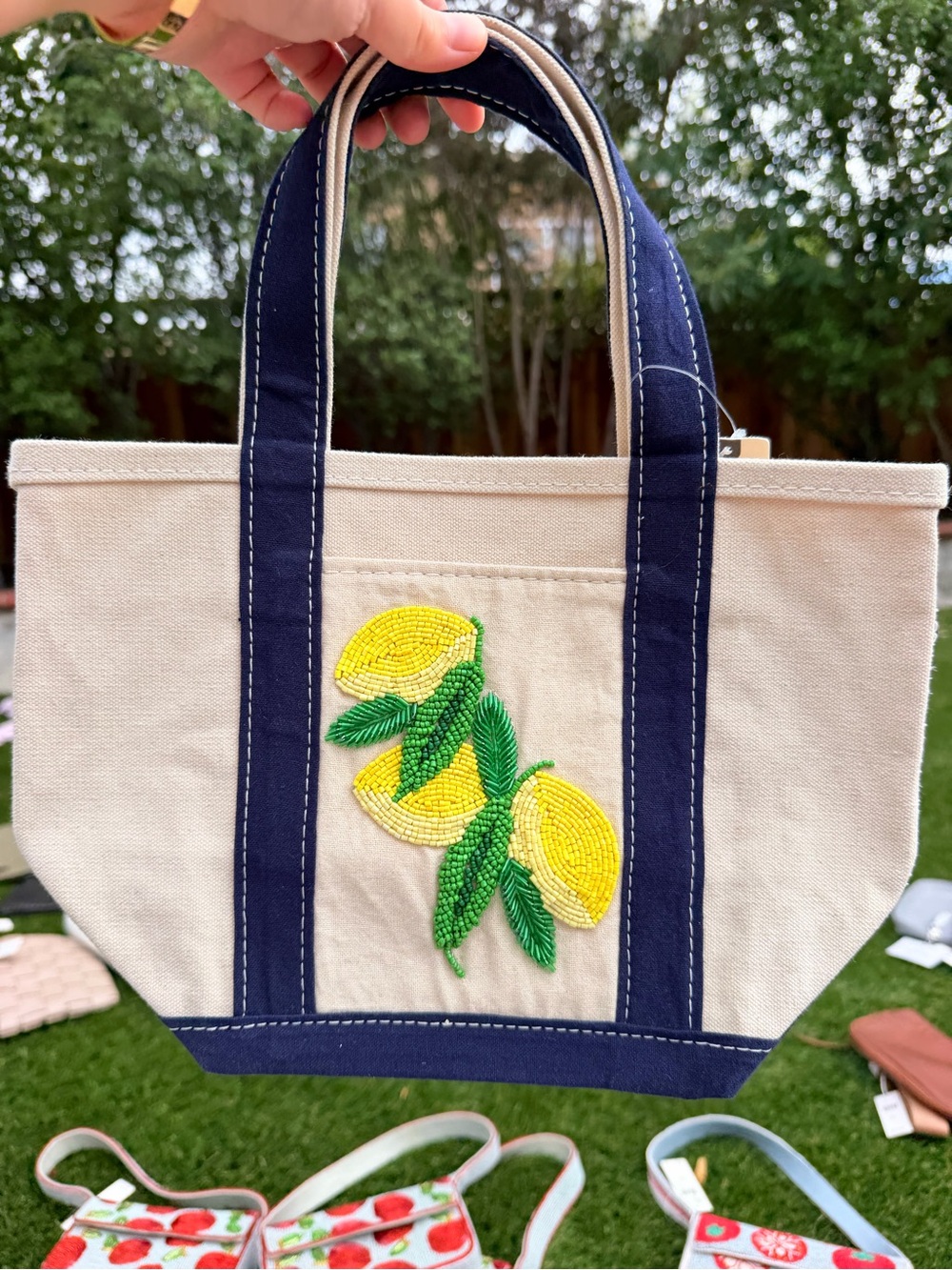 Canvas Tote Bag with Lemon Bead Embroidery - Navy Trim NWT